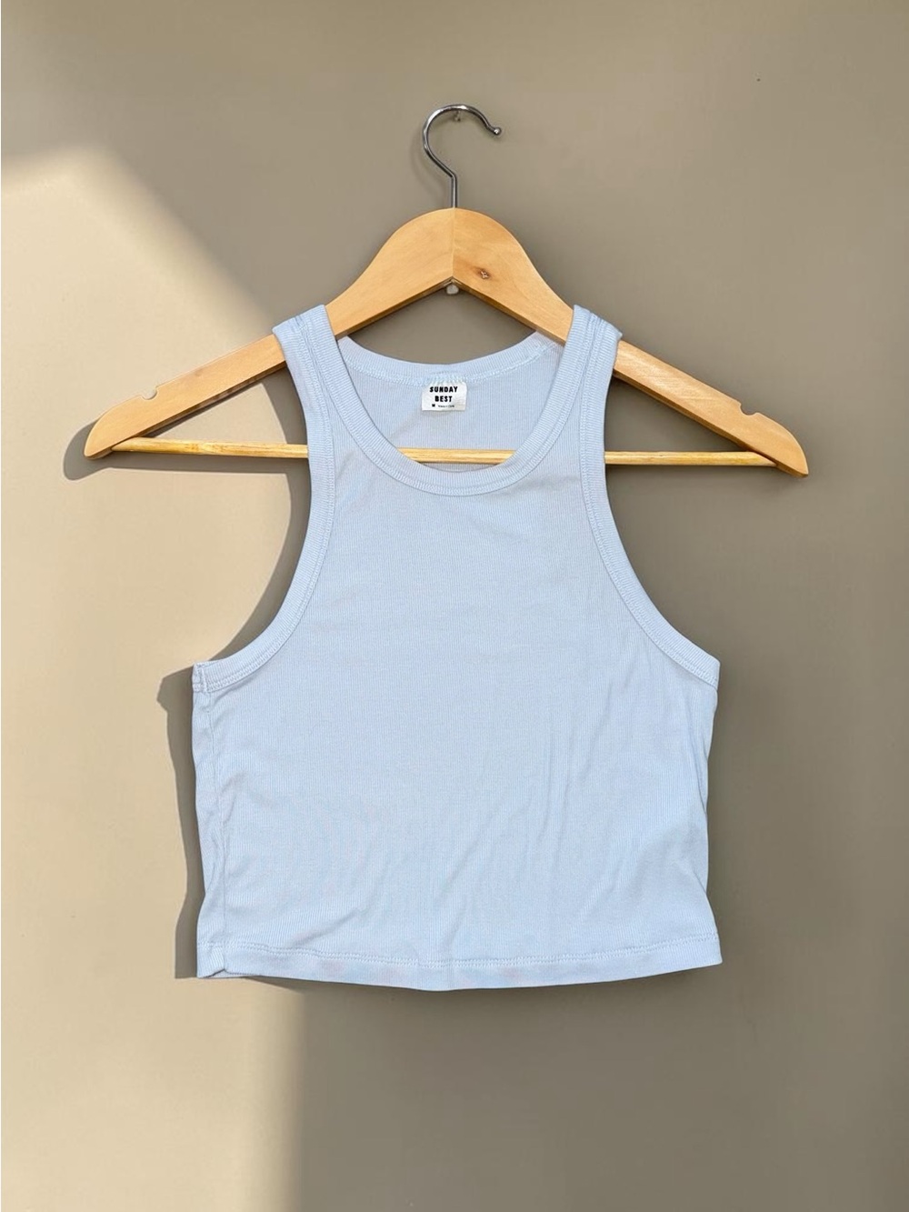 Aritzia Sunday Best Light Blue Ribbed Cropped High Neck Tank Top
